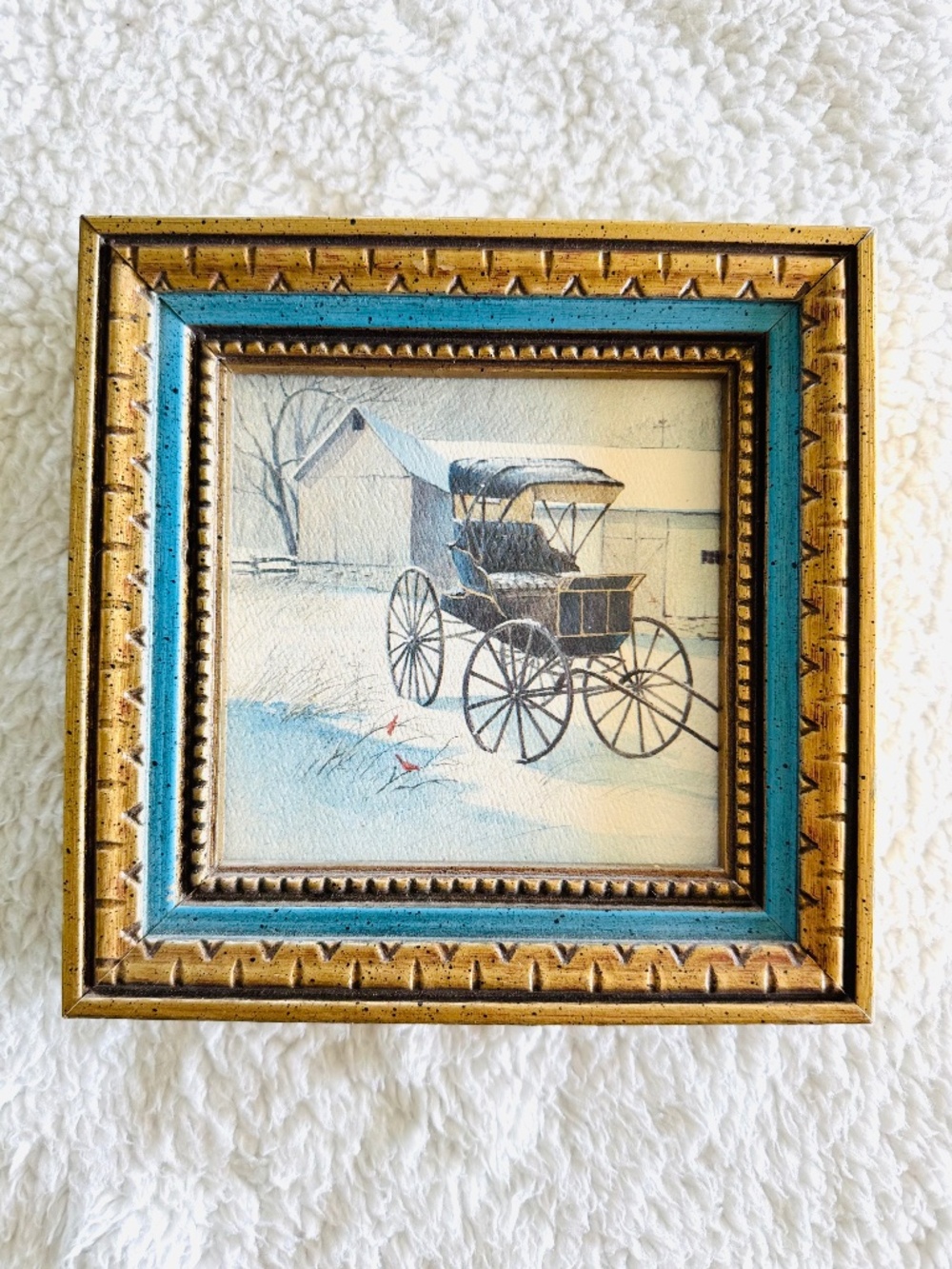 Vintage Handpainted Original Artwork Winter Scene Snow Buggy Ornate Frame 7x7